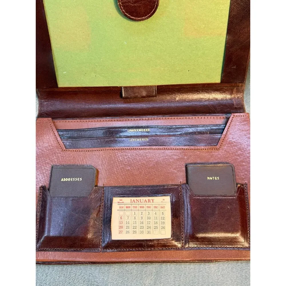 Vintage Brown Leather Folio Desk Organizer Address Book Notes Calendar 7x11 inch